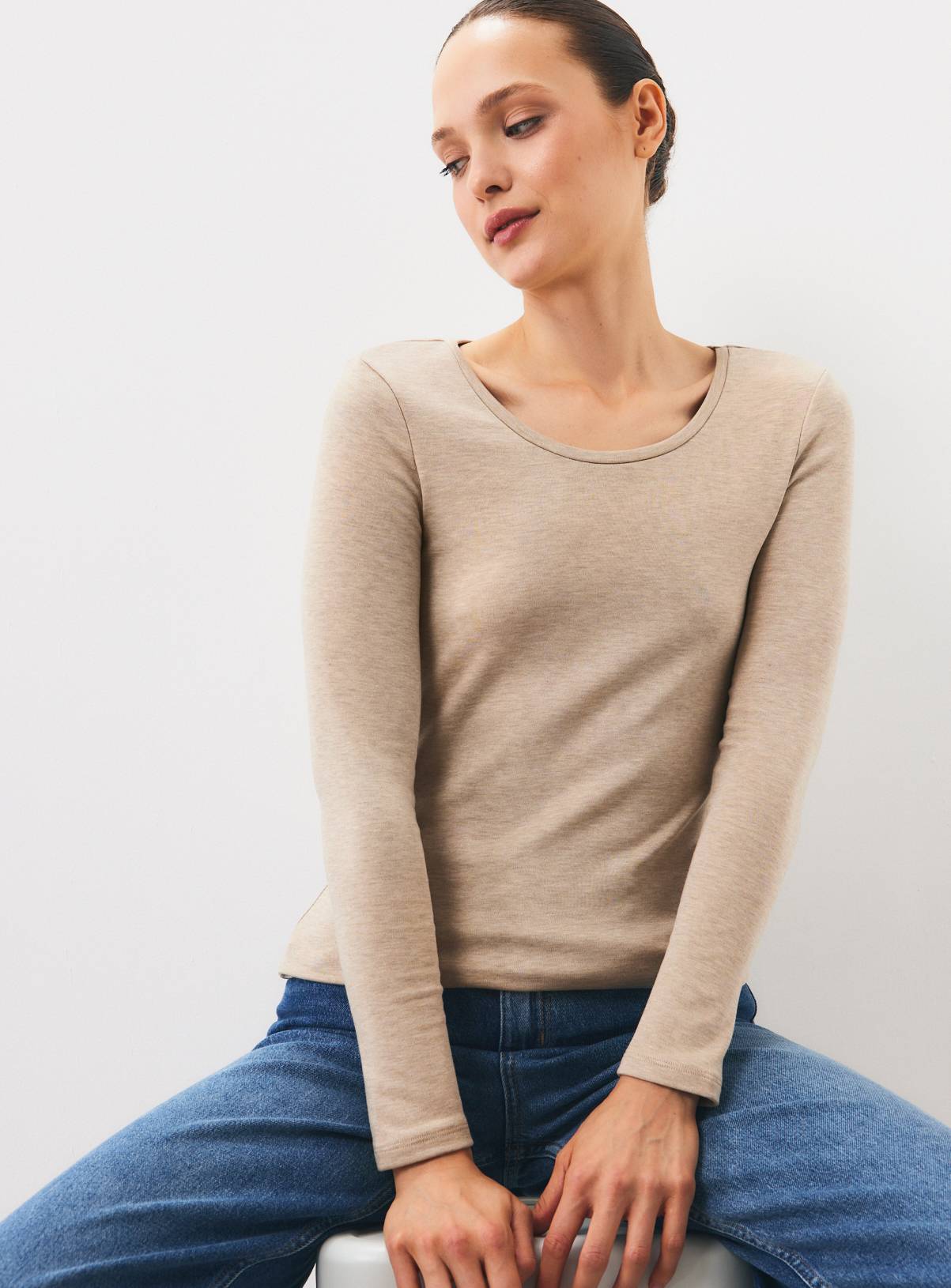 Beige Brushed Back Thermal Long Sleeve Top L - Image 1